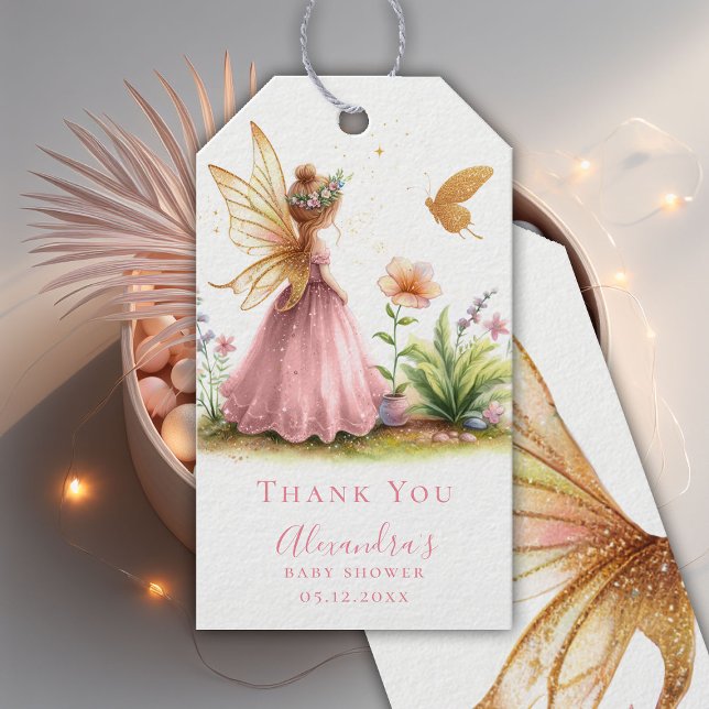 Fairy Princess Enchanted Rosa Flicka Shower Presentetikett (fairy princess girl baby shower gift tag pink watercolor twinkle lights enchanted garden)