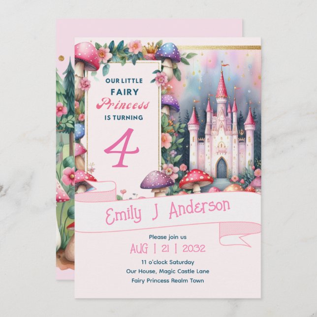 Fairy Princess Födelsedagsfest Rosa Fairycore Inbjudningar (Fram/baksida)