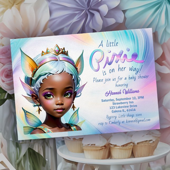Fairy Princess Magic Pixie African Baby Shower Inbjudningar (African American baby shower invitation with fairy princess and sweet rainbow pastel candy colors)