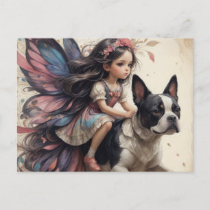 Fairy Riding a Boston Terrier Fantasy Vykort