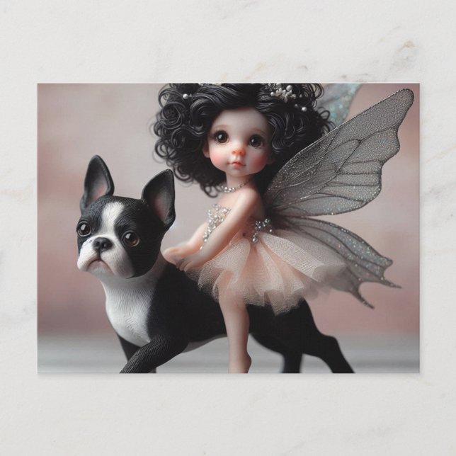 Fairy Riding a Boston Terrier Fantasy Vykort (Framsida)