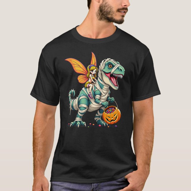 Fairy Riding Mummy T-Rex Dinosaur Halloween T Shirt (Framsida)