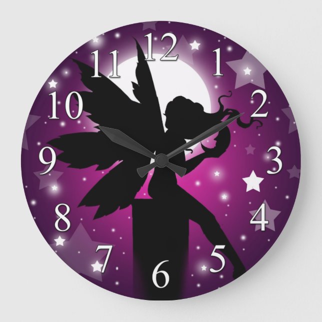 Fairy Silhouette Clock Lila Måne och Stars Stor Klocka (Framsida)