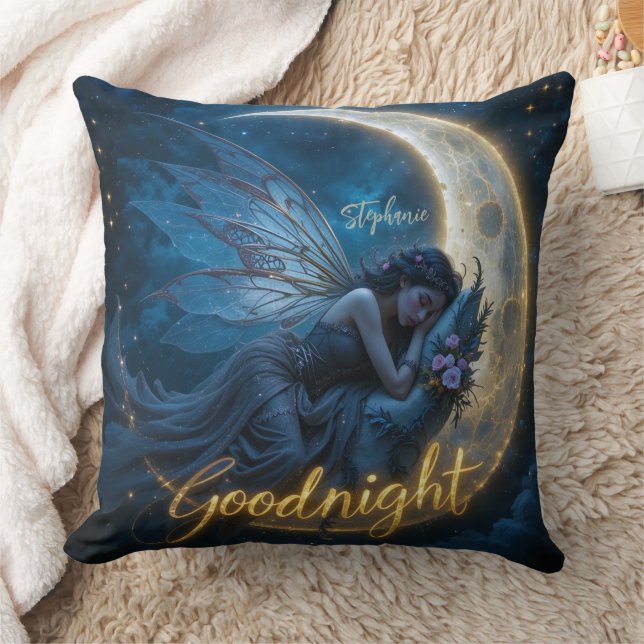 Fairy Sleeping on Crescent Moon Goodnight Kudde (Filt)