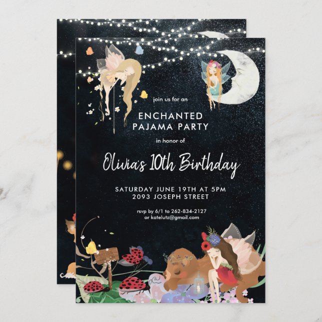 Fairy Slumber Party Pajama Birthday bjudande Inbjudningar (Fram/baksida)