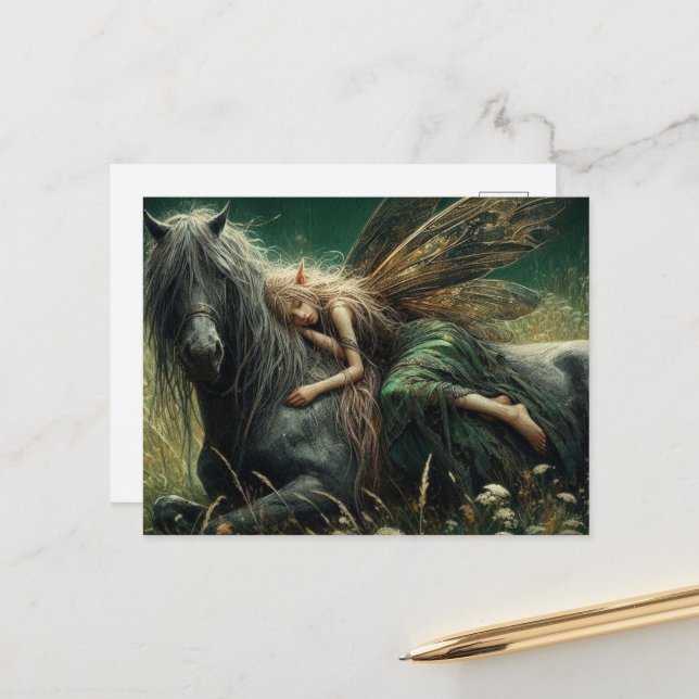 Fairy sover på sin häst vykort (Fram/Back In Situ)