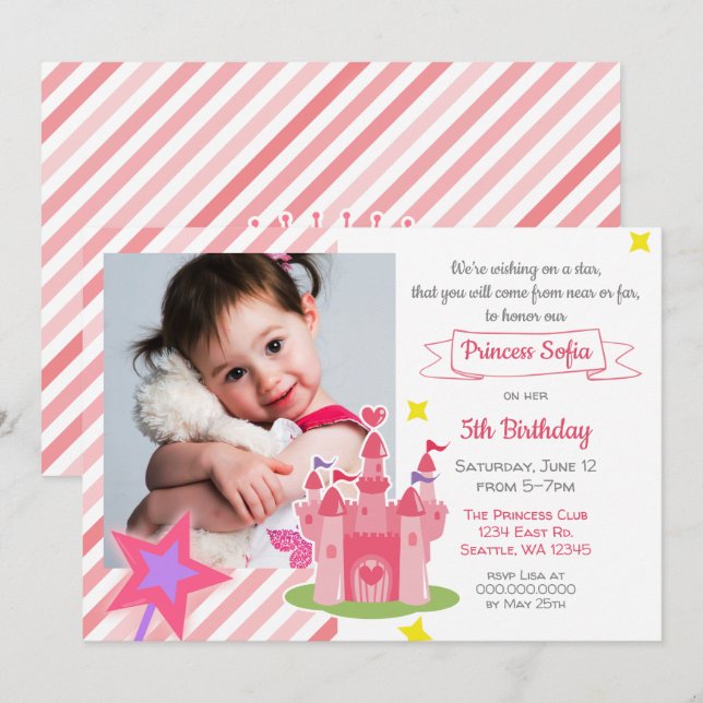 Fairy Tale Castle Rosa Princess Photo Birthday Inbjudningar (Fram/baksida)