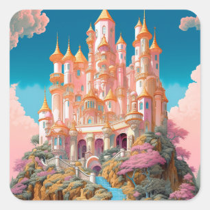 Fairy Tale Castle Rosa White Guld Fantasy Art Fyrkantigt Klistermärke
