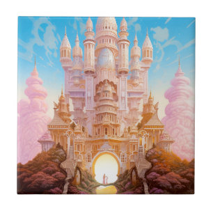 Fairy Tale Castle Rosa White Guld Fantasy Art Kakelplatta