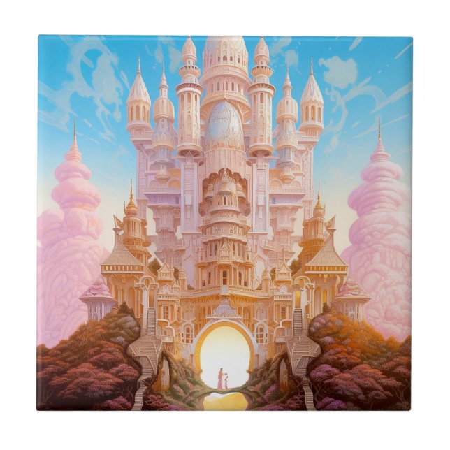 Fairy Tale Castle Rosa White Guld Fantasy Art Kakelplatta (Framsidan)