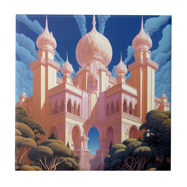 Fairy Tale Castle Rosa White Guld Fantasy Art Kakelplatta (Framsidan)