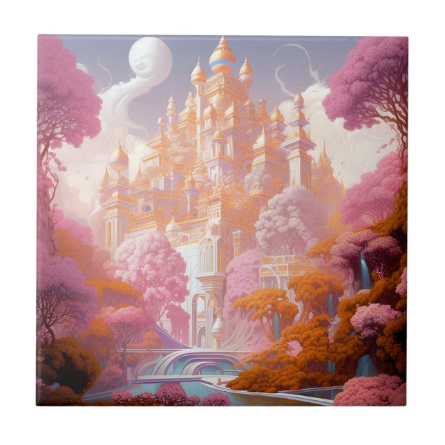 Fairy Tale Castle Rosa White Guld Fantasy Art Kakelplatta (Framsidan)