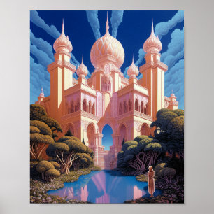 Fairy Tale Castle Rosa White Guld Fantasy Art Poster