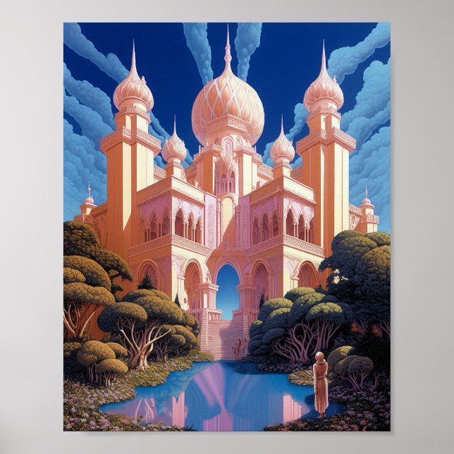 Fairy Tale Castle Rosa White Guld Fantasy Art Poster (Framsidan)