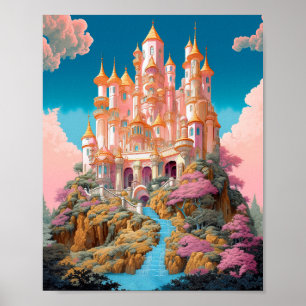 Fairy Tale Castle Rosa White Guld Fantasy Art Poster