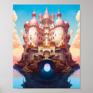 Fairy Tale Castle Rosa White Guld Fantasy Art Poster