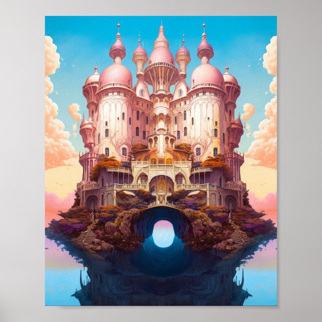 Fairy Tale Castle Rosa White Guld Fantasy Art Poster (Framsidan)