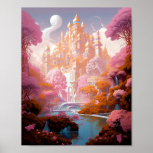 Fairy Tale Castle Rosa White Guld Fantasy Art Poster