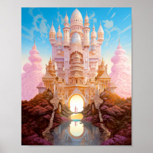 Fairy Tale Castle Rosa White Guld Fantasy Art Poster