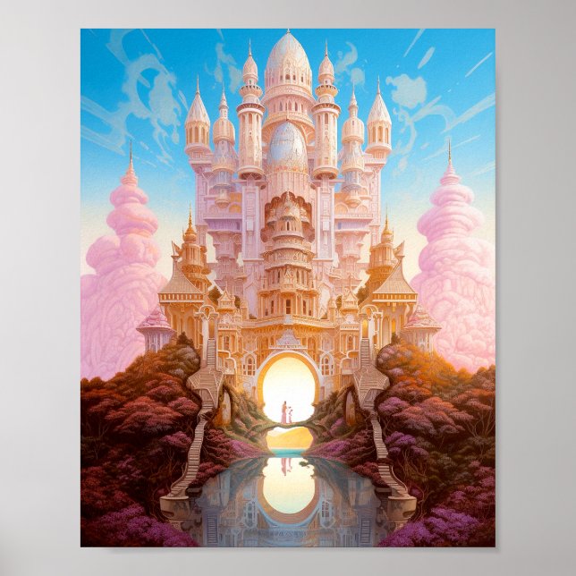Fairy Tale Castle Rosa White Guld Fantasy Art Poster (Framsidan)