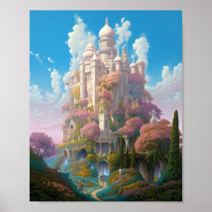 Fairy Tale Castle Rosa White Guld Fantasy Art Poster