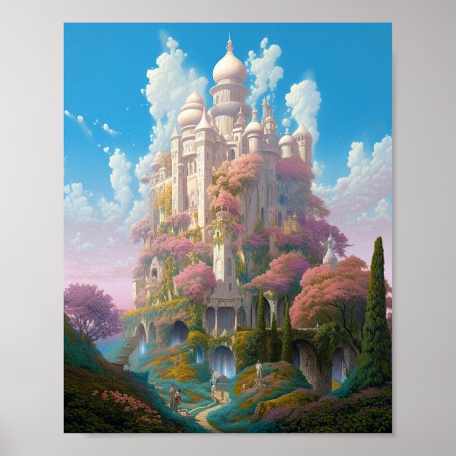 Fairy Tale Castle Rosa White Guld Fantasy Art Poster (Framsidan)
