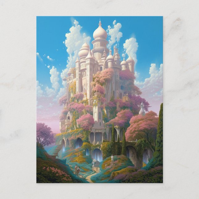 Fairy Tale Castle Rosa White Guld Fantasy Art Vykort (Framsida)