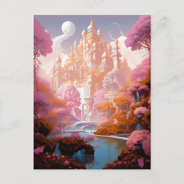 Fairy Tale Castle Rosa White Guld Fantasy Art Vykort (Framsida)