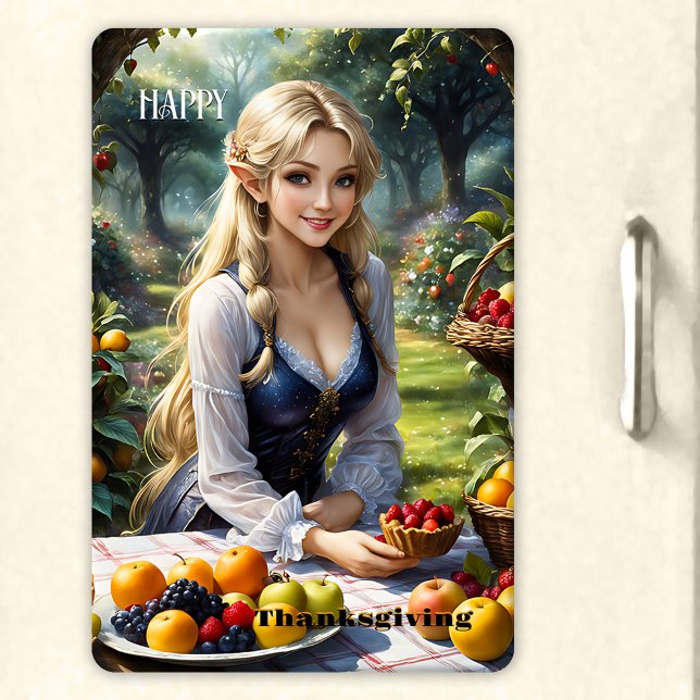 Fairy Tale Happy thanksgiving Magnet (Flexible Thanksgiving magnet featuring a beautiful fairy in an enchanted garden with a fruit harvest)