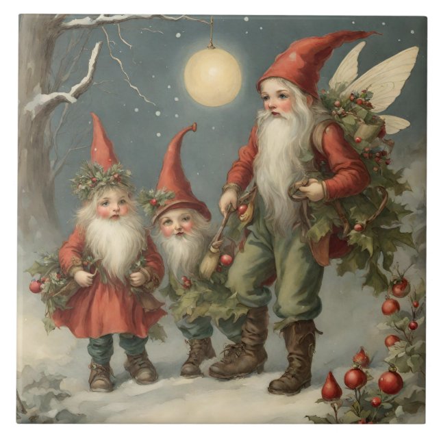Fairy Tale jul Gnome Family in Winter Forest Kakelplatta (Framsidan)