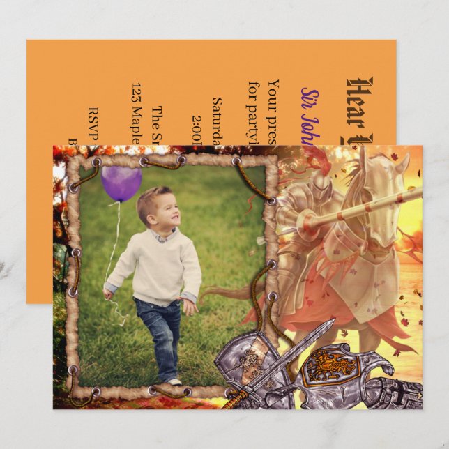 Fairy Tale Knight on Horse Photo Birthday Inbjudningar (Fram/baksida)