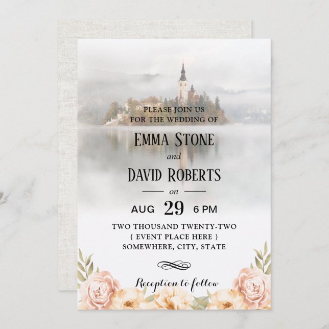 Fairy Tale Misty Sjö Elegant Blommigt Bröllop Inbjudningar (Fram/baksida)