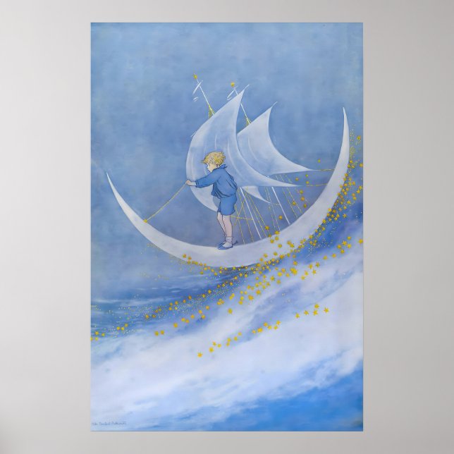 Fairy Tale Moon Print Whimsical Boy on Crescent Poster (Framsidan)