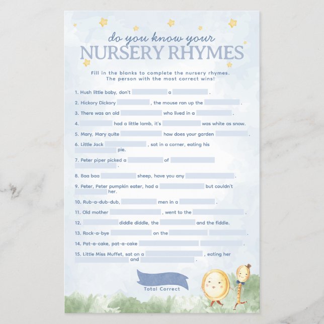 Fairy Tale Nursery Rhyme Baby Shower Game Flygblad (Framsidan)