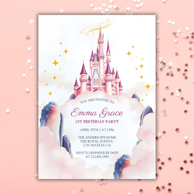 Fairy Tale Princess Castle Rosa Girl Birthday Inbjudningar (Fairytale Princess Castle Pink Girl Birthday Invitation)