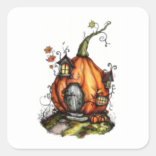 Fairy Tale Pumpkin House Fyrkantigt Klistermärke
