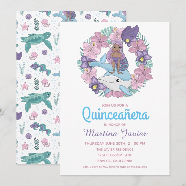 Fairy Tale Sjöjungfru Quinceañera 15:e födelsedage Inbjudningar (Fram/baksida)