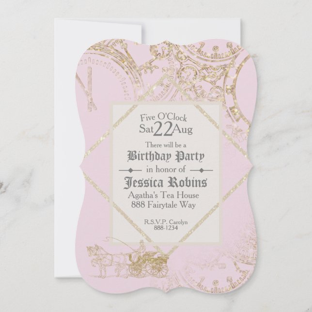 Fairy Tale Theme Castle Carriage Guld Glitter Rosa Inbjudningar (Baksida)