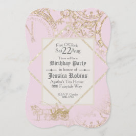 Fairy Tale Theme Castle Carriage Guld Glitter Rosa Inbjudningar