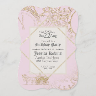 Fairy Tale Theme Castle Carriage Guld Glitter Rosa Inbjudningar