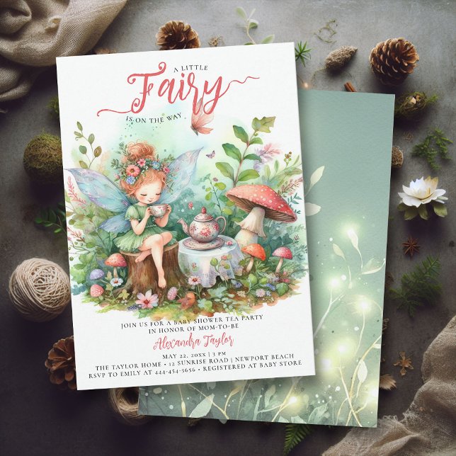 Fairy Tea Mushroom Vild Garden Flicka Shower Inbjudningar (enchanted fairy garden tea party girl baby shower invitation magical mushroom village forest pixie)