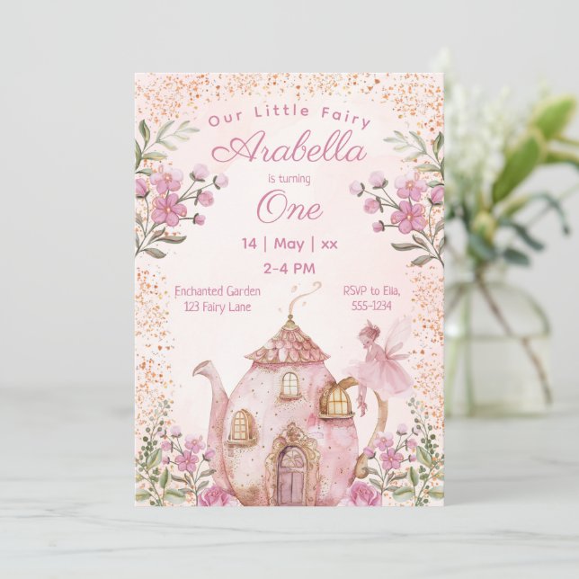 Fairy Tea Party  Rosa Flowers Girl Birthday Inbjudningar (Stående Fram)