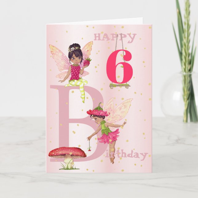 Fairy Theme Girl Mörk Hair Rosa Child Age Birthday Kort (Framsida)