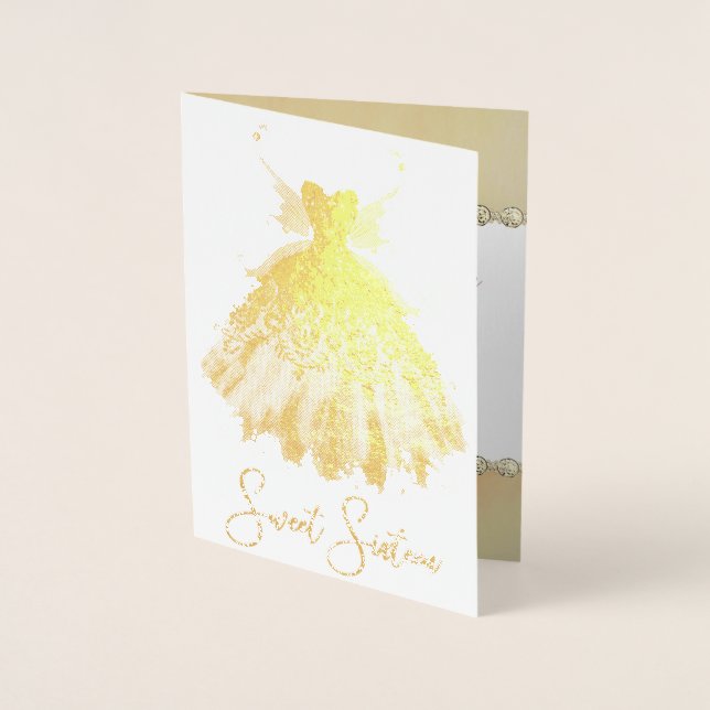 Fairy Vinge Gown | Gorgous Golden Fantasy Birthday Folierat Kort (Framsida)