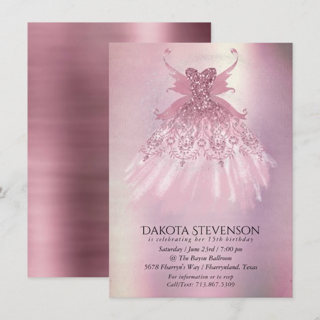 Fairy Vinge Mauve Gown | Luxurious Dusty Rosa Shee Inbjudningar (Fram/baksida)