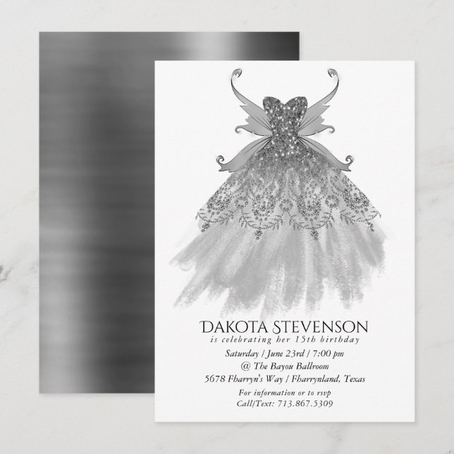 Fairy Vinge Silver Gown | Platinum Foil Faux Sheen Inbjudningar (Fram/baksida)