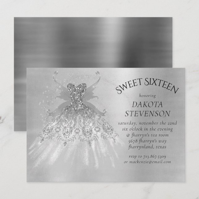 Fairy Vinge Silver Gown | Platinum Foil Faux Sheen Inbjudningar (Fram/baksida)