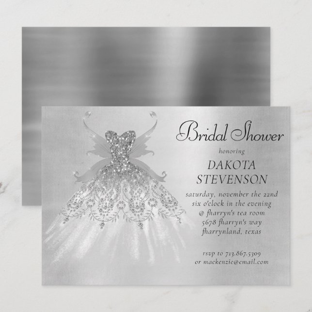 Fairy Vinge Silver Gown | Platinum Foil Faux Sheen Inbjudningar (Fram/baksida)