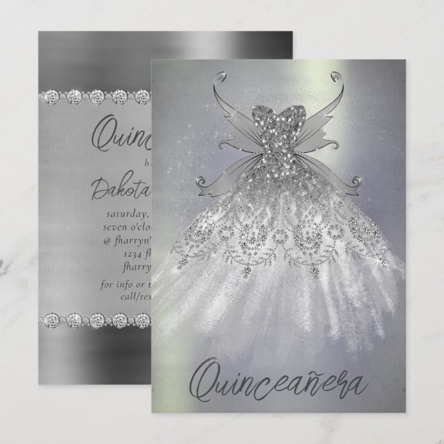 Fairy Vinge Silver Gown | Platinum Foil Faux Sheen Inbjudningar (Fram/baksida)
