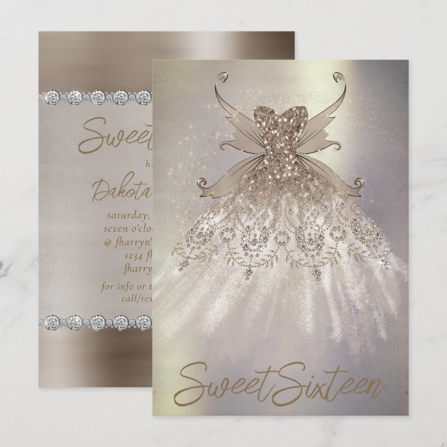 Fairy Vinge Taupe Gown | Champagne Elegant Sheen Inbjudningar (Fram/baksida)